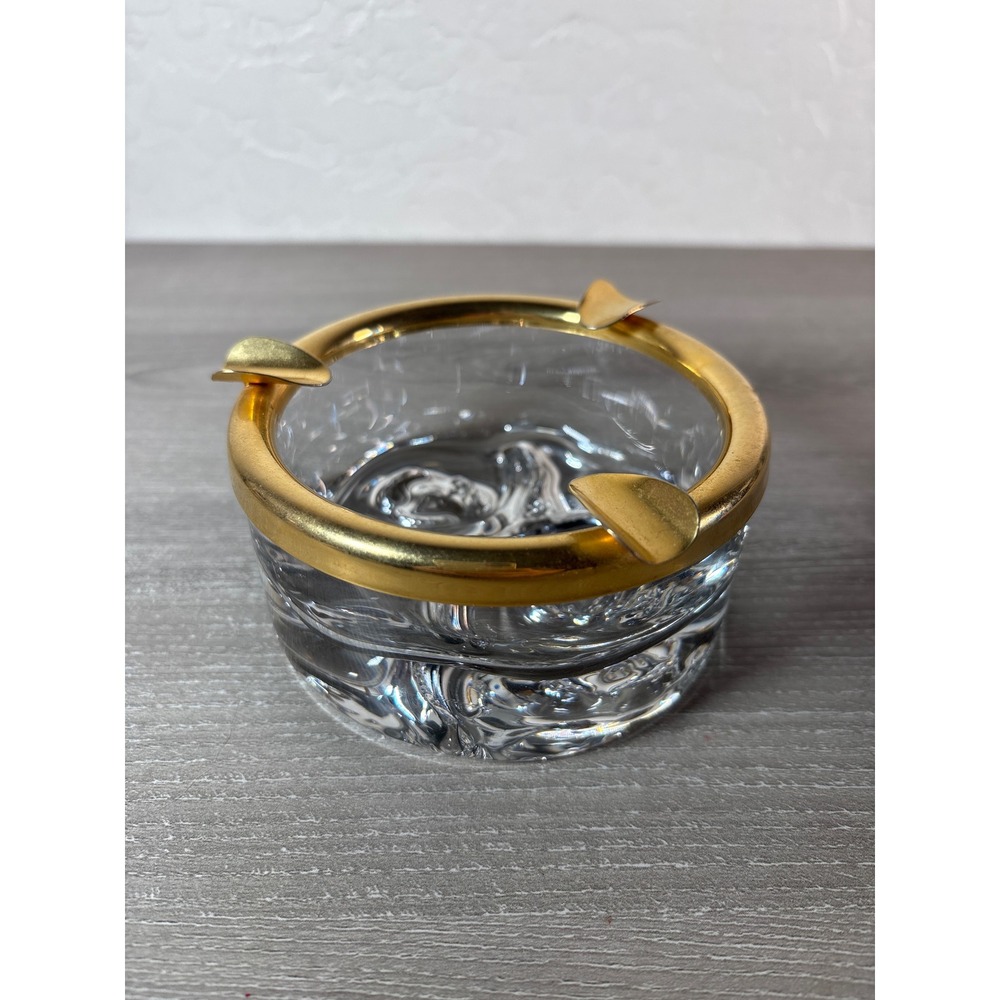 Vintage Crystal Glass Ashtray with Gold Metal Rim Mid Century Modern Decor - Picture 1 of 7